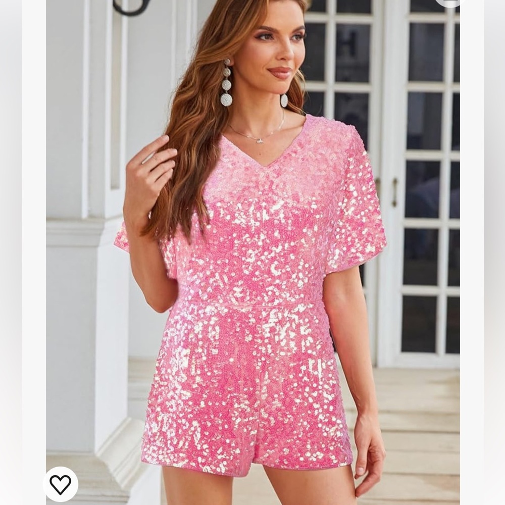 Sequin Shorts Romper with Flutter Sleeve, Pink, Size Large, NWT